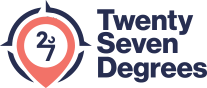 Logotipo de Twenty Seven Degrees, que incluye un ícono de localización y el número 27, representando servicios de turismo y viajes.
